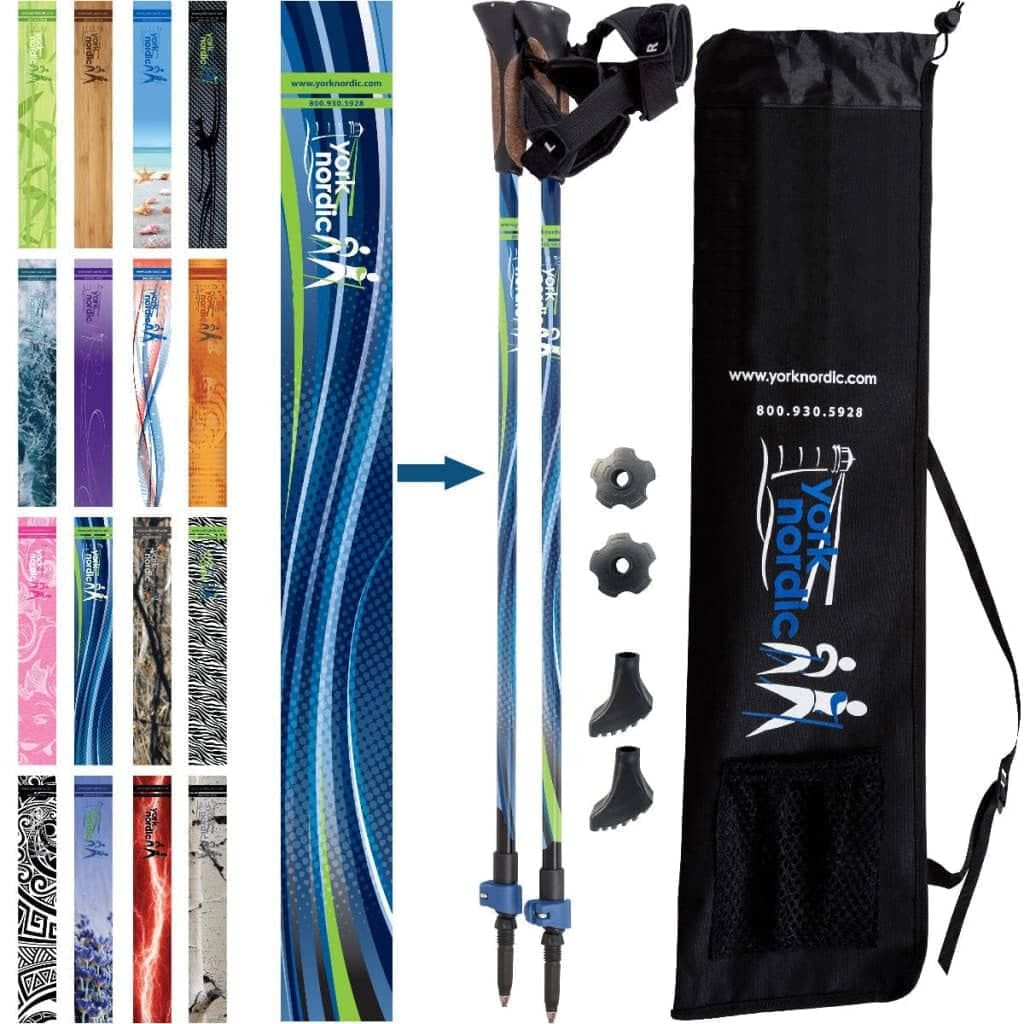 Official Nordic Walking Poles - True Nordic Glove Grip w-flip locks, detachable feet and travel bag - pair - For Heights up to 6’2”